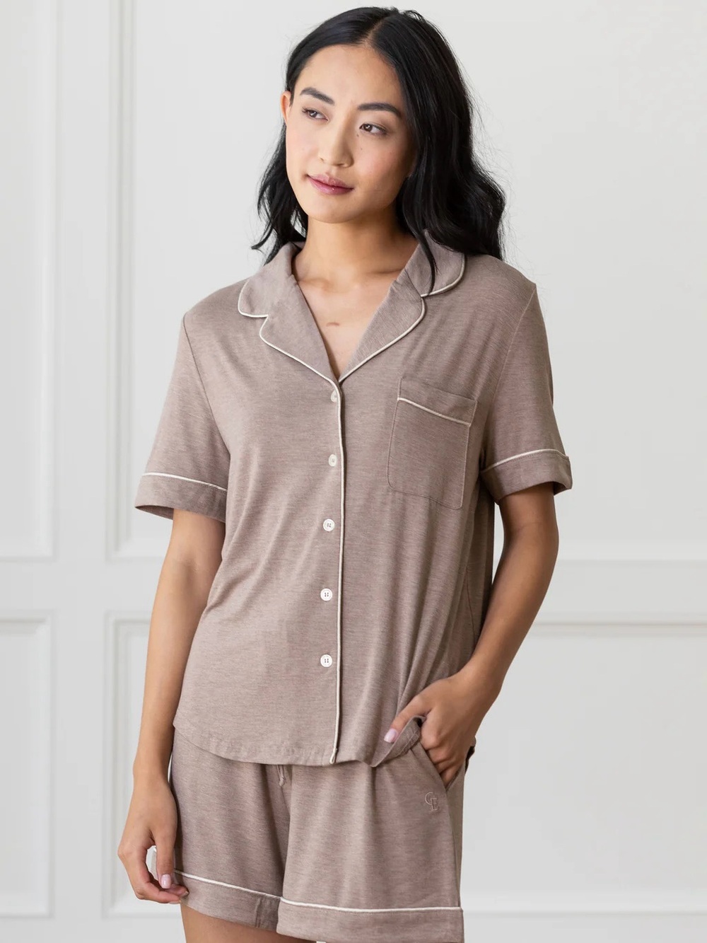 Cozy Earth Women's Bamboo Stretch-Knit Short Sleeve Pajama Set Pink Brown